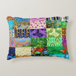 ヴィンテージカラフル布とファインアートのコラージュ アクセントクッション