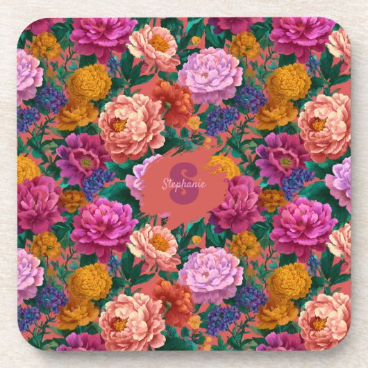 ヴィンテージカラフル牡丹パターン コースター (正面)