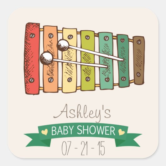 ヴィンテージカラフル玩具キシロフォンベビーシャワー スクエアシール (正面)