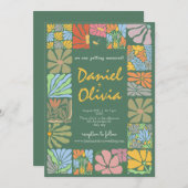 ヴィンテージカラフル花結婚レトロ 招待状 (正面/裏面)
