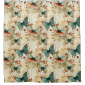 ヴィンテージカラフル蝶と花(3) シャワーカーテン (正面)