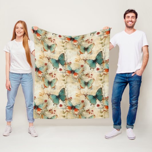 ヴィンテージカラフル蝶と花(3) フリースブランケット (インサイチュ)
