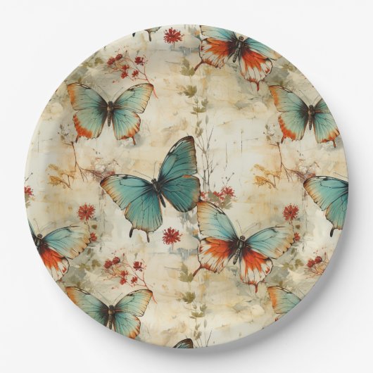 ヴィンテージカラフル蝶と花(3) ペーパープレート (正面)