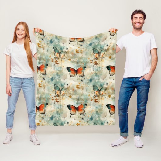 ヴィンテージカラフル蝶と花(4) フリースブランケット (インサイチュ)