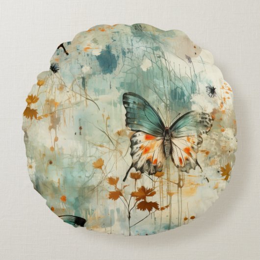 ヴィンテージカラフル蝶と花(4) ラウンドクッション (正面)