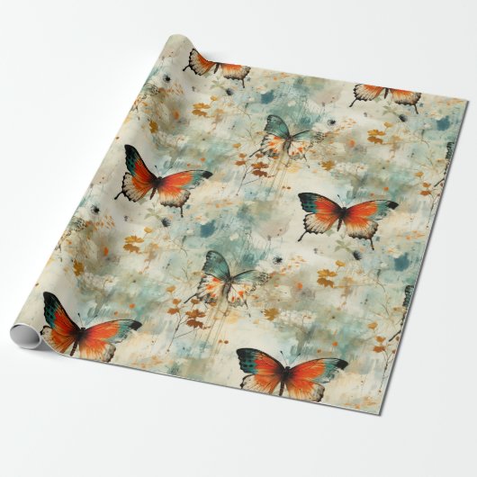 ヴィンテージカラフル蝶と花(4) ラッピングペーパー (アンロールド)