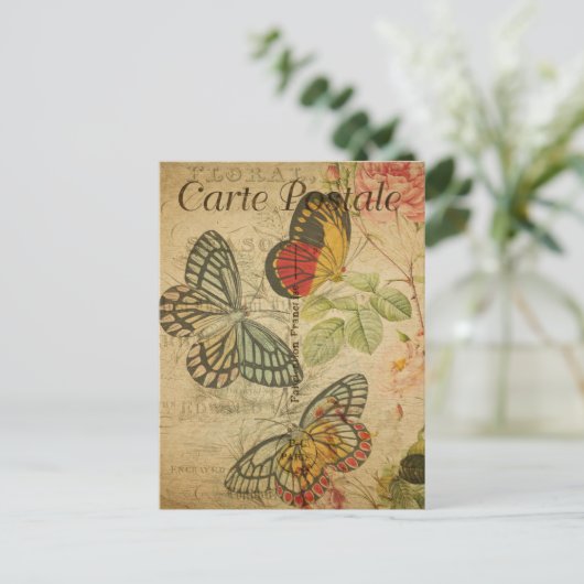 ヴィンテージカラフル蝶ピンクローズフランスの ポストカード (スタンド正面)