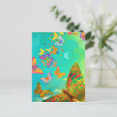 ヴィンテージカラフル蝶金ゴールドグリッター水色 ポストカード (スタンド正面)