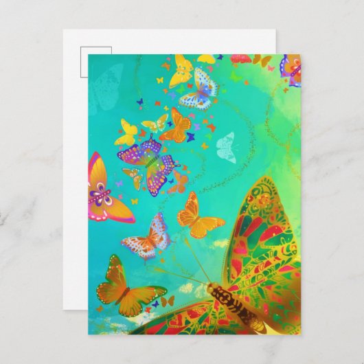 ヴィンテージカラフル蝶金ゴールドグリッター水色 案内ポストカード (正面/裏面)