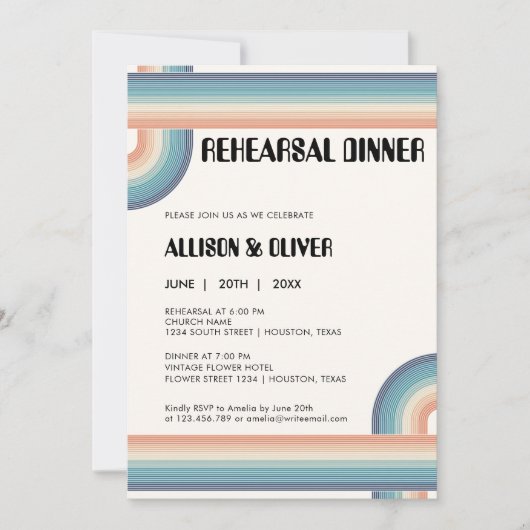 ヴィンテージカラフル70のテーマレトロリハーサルディナー 招待状 (正面)