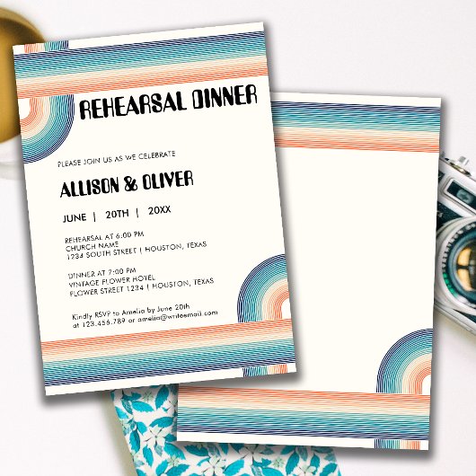 ヴィンテージカラフル70のテーマレトロリハーサルディナー 招待状