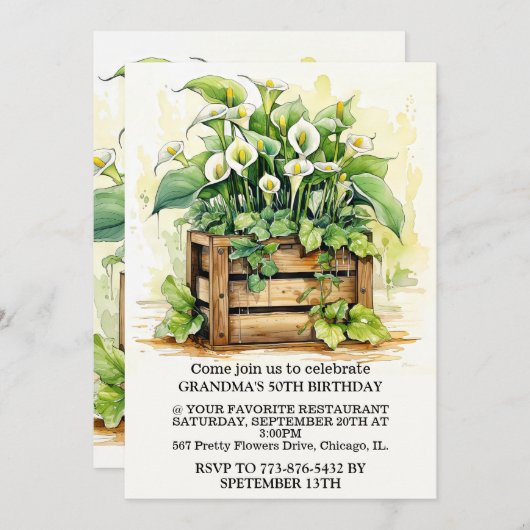 ヴィンテージカラリリーイラストレーションアートバースデーパーティー 招待状 (正面/裏面)