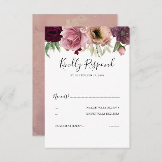 ヴィンテージカラーエレガントダスティバラウェディングRSVP 出欠カード (正面/裏面)
