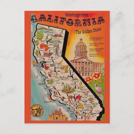 ヴィンテージカリフォルニア地図 ポストカード (正面)