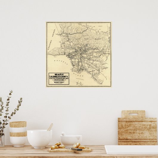 ヴィンテージカリフォルニア州ロサンゼルス郡の地図1912 ポスター (キッチン)