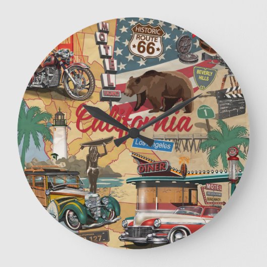 ヴィンテージカリフォルニア:観光客アトラクションマップ。 ラージ壁時計 (正面)