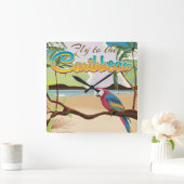 ヴィンテージカリブの熱帯島のオウムのポスター スクエア壁時計 (ホーム)