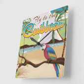 ヴィンテージカリブの熱帯島のオウムのポスター スクエア壁時計 (傾斜)