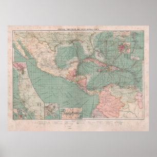 ヴィンテージカリブの・中米地図(1905年) ポスター