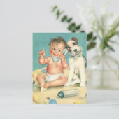 ヴィンテージカワイイベビーが子犬と話す ポストカード (スタンド正面)