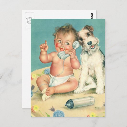 ヴィンテージカワイイベビーが子犬と話す ポストカード (正面/裏面)