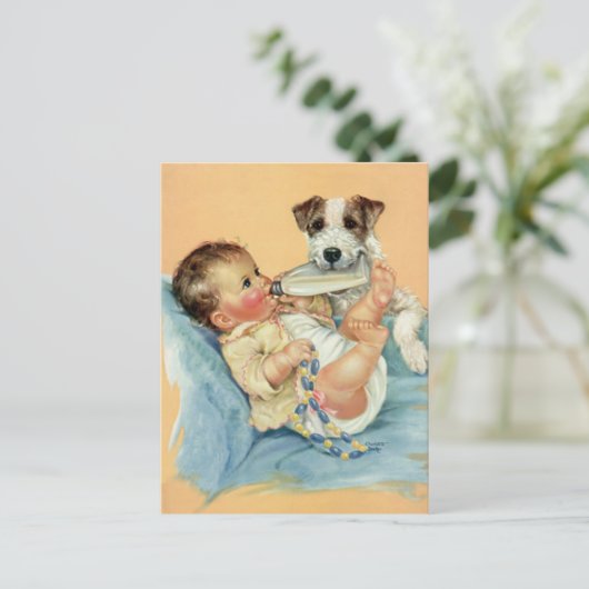 ヴィンテージカワイトな男の赤ちゃんとボトルと子犬 ポストカード (スタンド正面)