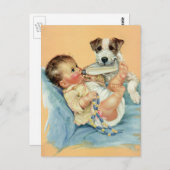 ヴィンテージカワイトな男の赤ちゃんとボトルと子犬 ポストカード (正面/裏面)