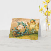 ヴィンテージカワイトチキンとイースターエッグキャリッジ カード (黄色い花)