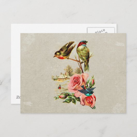ヴィンテージカワイトバード&バラ絵画ズランドスケープ ポストカード (正面/裏面)