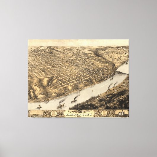 ヴィンテージカンザスシティーの絵図(1869) キャンバスプリント (正面)