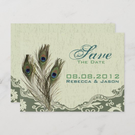 ヴィンテージカントリーのグリーンペコック・Save the Date 案内ポストカード (正面/裏面)