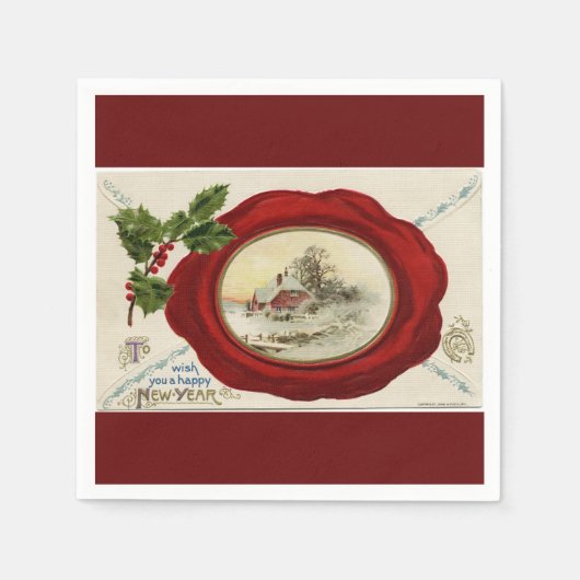 ヴィンテージカントリーウィンターシーンハッピーニューイヤー紙 スタンダードカクテルナプキン (正面)