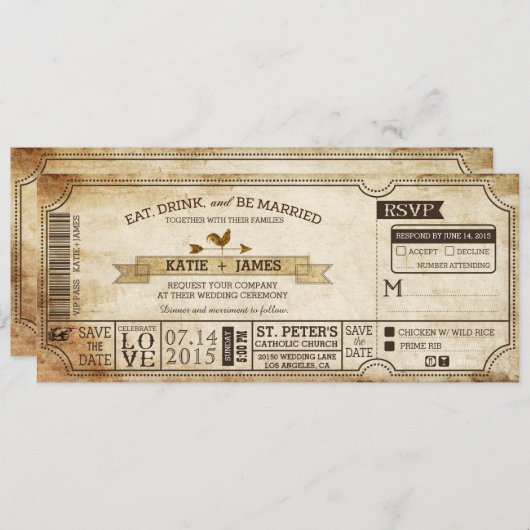 ヴィンテージカントリーウエスタンテーマド結婚チケット 招待状 (正面/裏面)