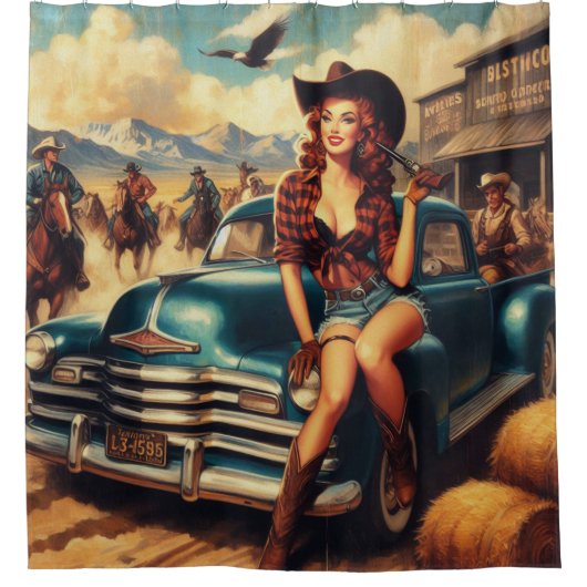 ヴィンテージカントリーガールイラストレーション シャワーカーテン (正面)