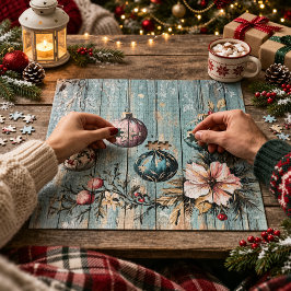 ヴィンテージカントリークリスマスの風景をレトロな木材の質感で表現 ジグソーパズル