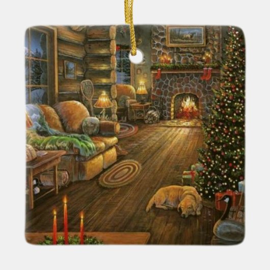 ヴィンテージカントリークリスマスキャビン セラミックオーナメント (正面)
