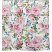 ヴィンテージカントリーシックなピンクティール(緑がかった色)ラベンダーフローラ シャワーカーテン (正面)