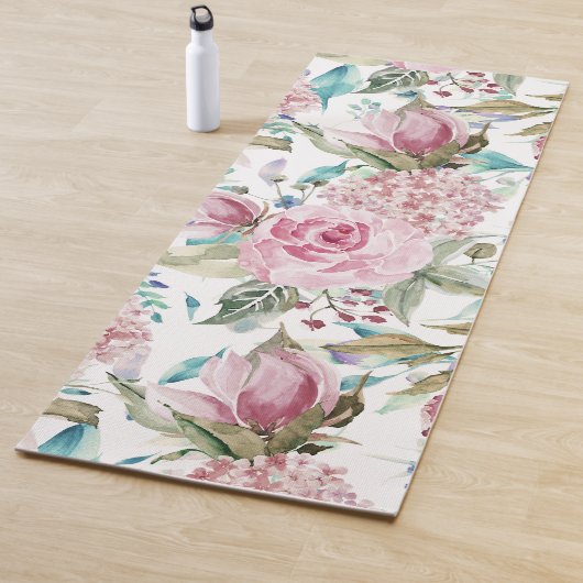 ヴィンテージカントリーシックなピンクティール（緑がかった色）ラベンダーフローラ ヨガマット (インサイチュ)