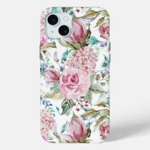 ヴィンテージカントリーシックなピンクティール（緑がかった色）ラベンダーフローラ iPhone 15 MINIケース