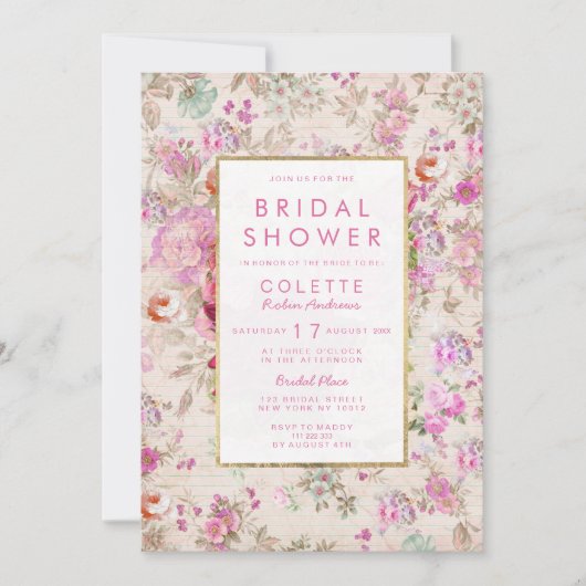 ヴィンテージカントリーシックなピンクフローラブライダルシャワー 招待状 (正面)