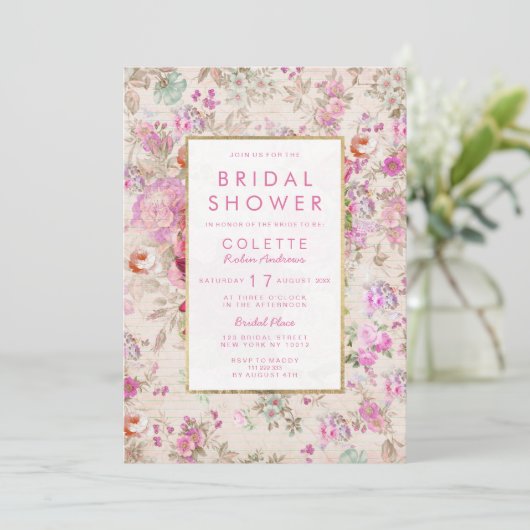 ヴィンテージカントリーシックなピンクフローラブライダルシャワー 招待状 (スタンド正面)