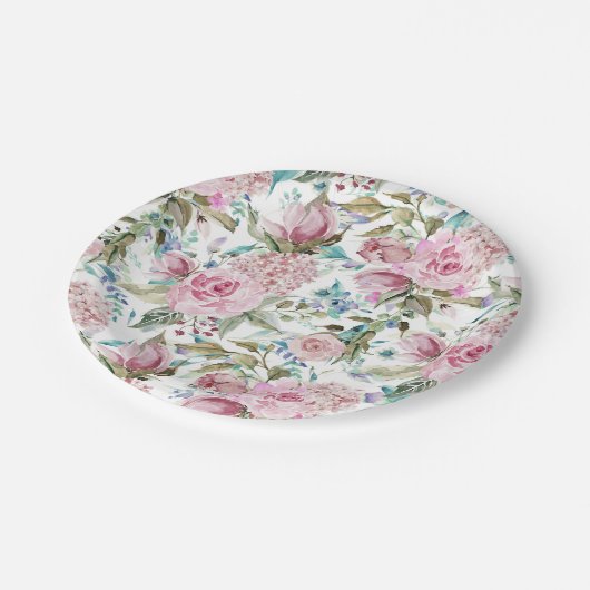ヴィンテージカントリーシックピンクティール（緑がかった色）ラベンダーフローラ ペーパープレート (アングル)