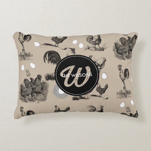 ヴィンテージカントリーチキンロースター卵モノグラム アクセントクッション (正面)