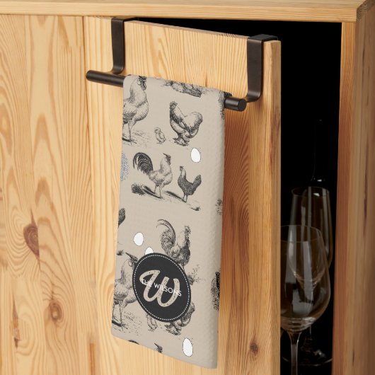 ヴィンテージカントリーチキンロースター卵モノグラム キッチンタオル (三つ折り)