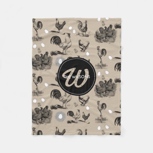 ヴィンテージカントリーチキンロースター卵モノグラム フリースブランケット (正面)