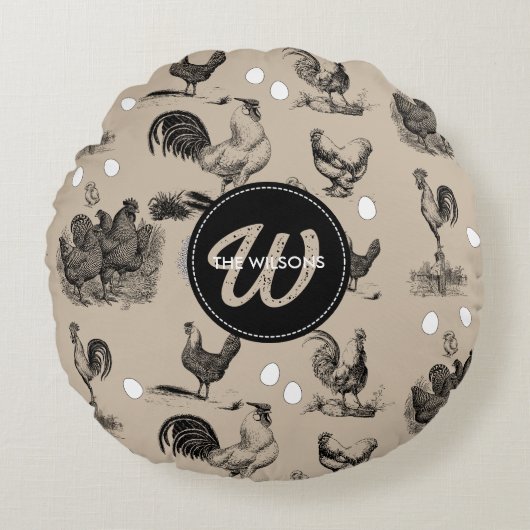 ヴィンテージカントリーチキンロースター卵モノグラム ラウンドクッション (正面)