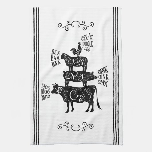 ヴィンテージカントリーファームハウススタックファームアニマル キッチンタオル (縦)