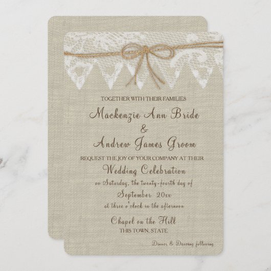 ヴィンテージカントリーフェアレースアンドバーラップ結婚ズ 招待状 (正面/裏面)