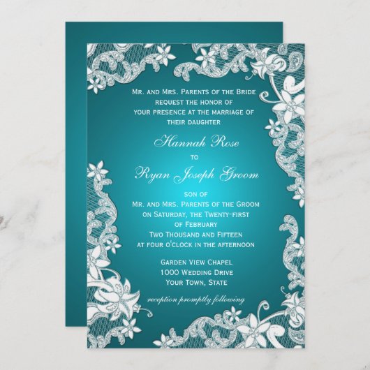 ヴィンテージカントリーフローラデザインアクア 招待状 (正面/裏面)