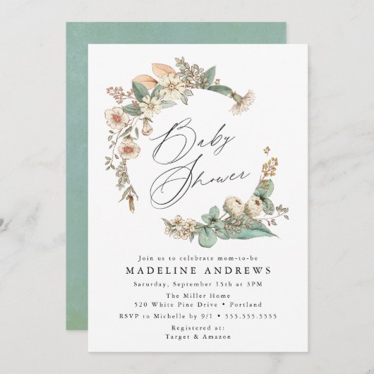 ヴィンテージカントリーフローラリースベビーシャワー 招待状 (正面/裏面)